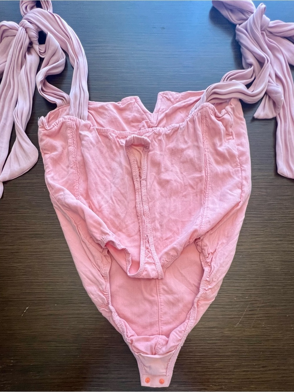 Free People XS Lola Bodysuit Pink Bow Tie Shoulder Notch Neck - Picture 6 of 10
